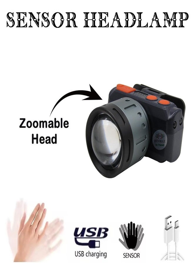 RENMAX Bright Head Mount Torch Zoom Waterproof Rechargeable Handsfree IR Sensor LED Blinker Metal Spotlight for Cycling Camping Caving Hiking Hunting Trekking - 1Pc (Zoom Focus 100W) - Image 3